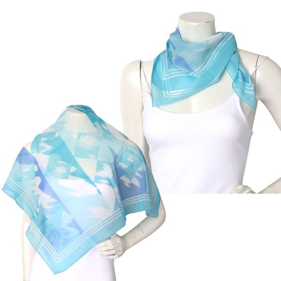 Vintage Abstract Sky Geometric Sheer Scarf Blue Turquoise  Square Neck Hair Tie - Picture 1 of 5